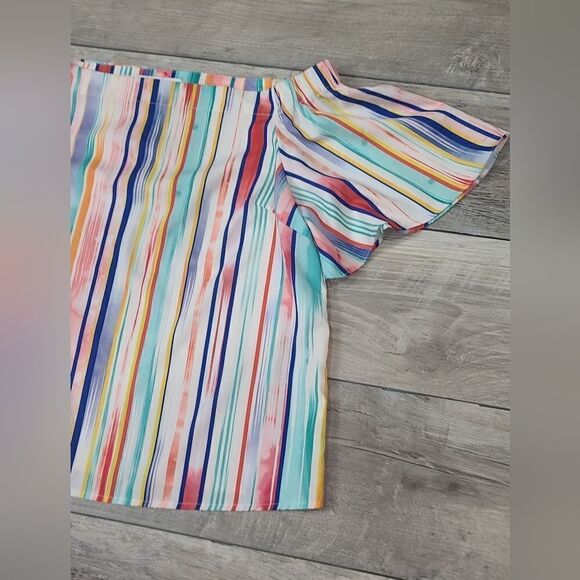 Do + BE Colorful Off Shoulder Silky Vertical Stripes Top - Picture 12 of 14